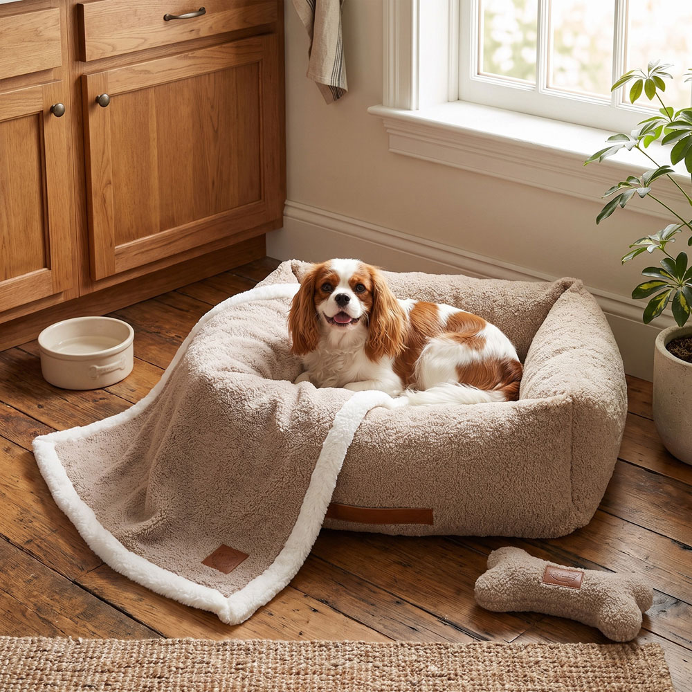 Mighty Paws Cream Pet Bed Blanket and Toy Cuddle Bundle Image 2