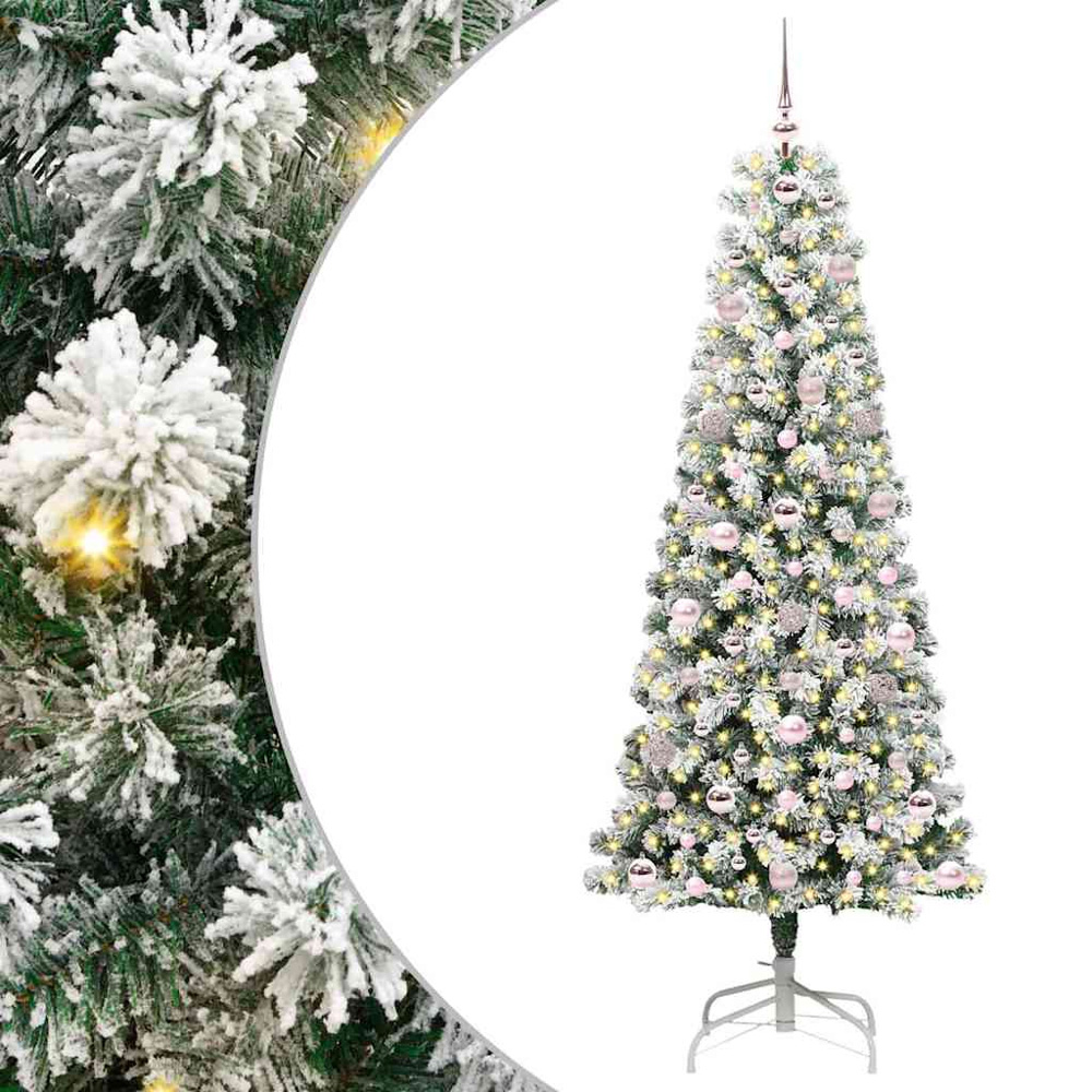 vidaXL Pre-Lit Warm White LED and Pink Baubles Snow Flocked Artificial Christmas Tree 6ft Image 2