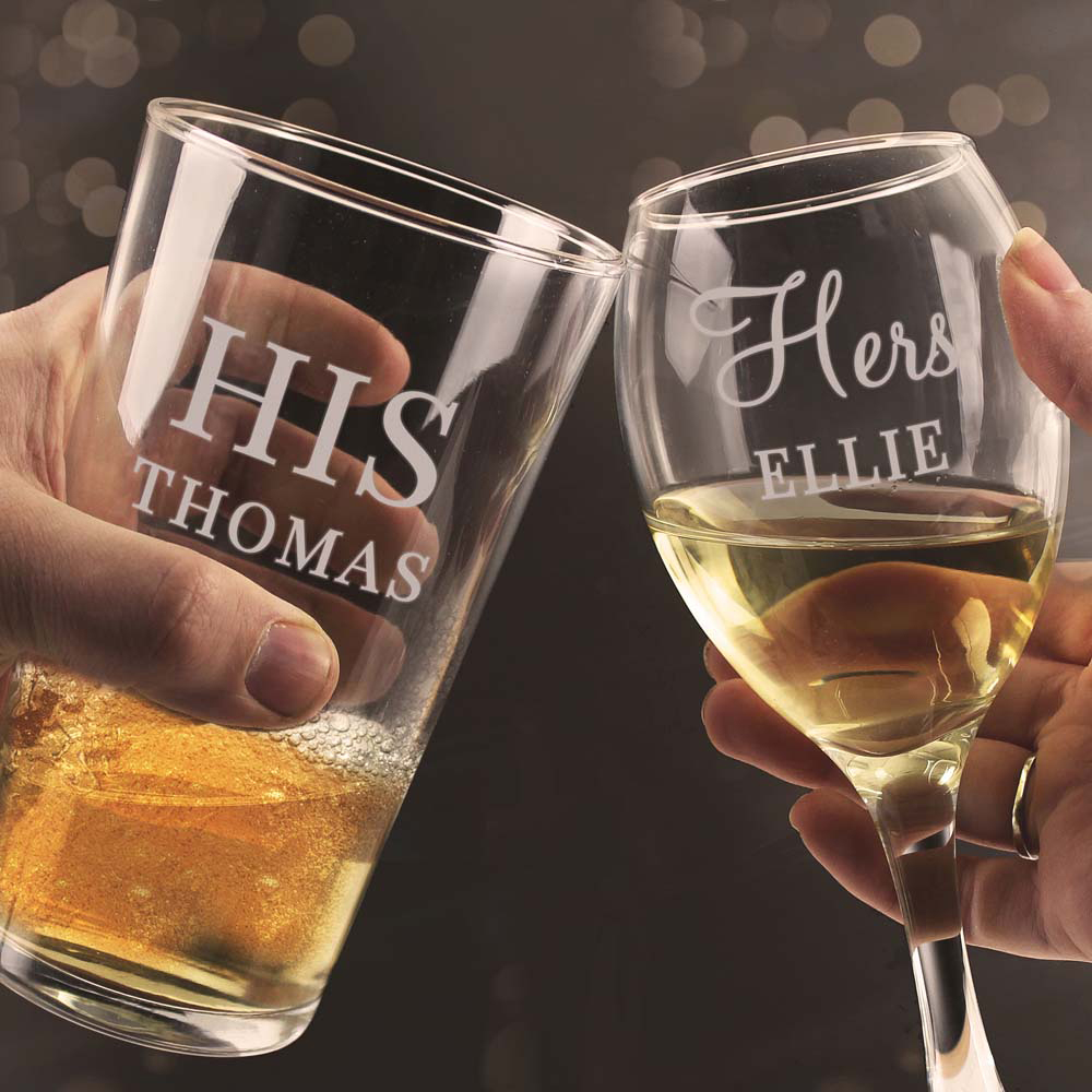 Personalised Memento Personalised His and Her Pint and Wine Glass Set Image 2