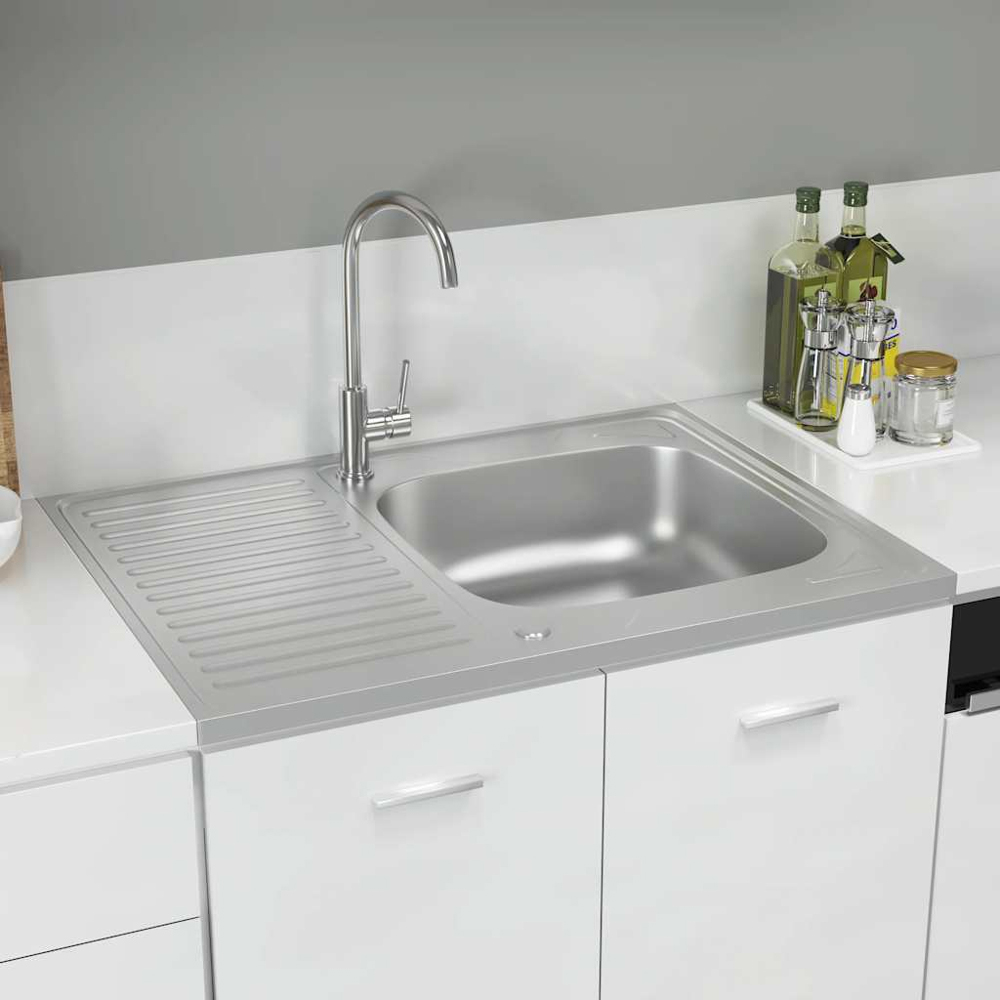 vidaXL Silver Stainless Steel Kitchen Sink with Drainer Set 800 x 600 x 155mm Image 2