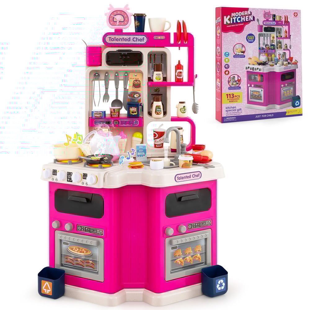 Costway Kids Pink Corner Kitchen Play Set with Realistic Sounds and Lights Image 4