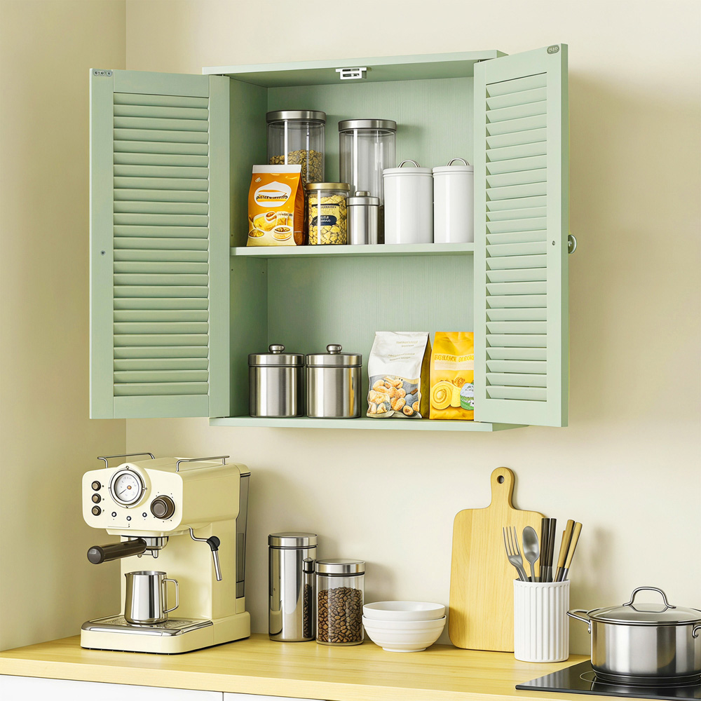 HOMCOM 2 Louvered Door Light Green Wall-Mounted Bathroom Cabinet Image 4