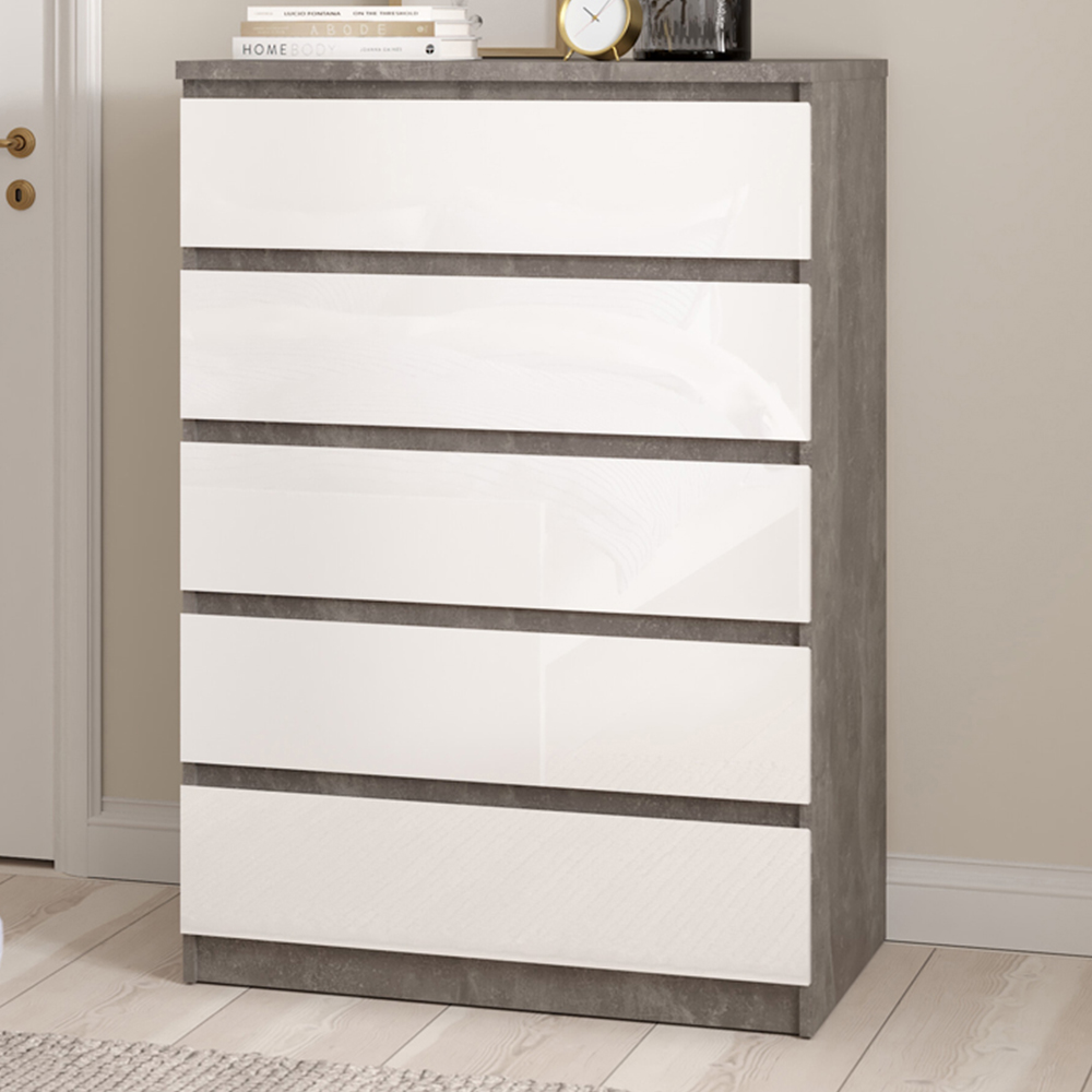 Florence 5 Drawer Concrete and White High Gloss Chest of Drawers Image 1