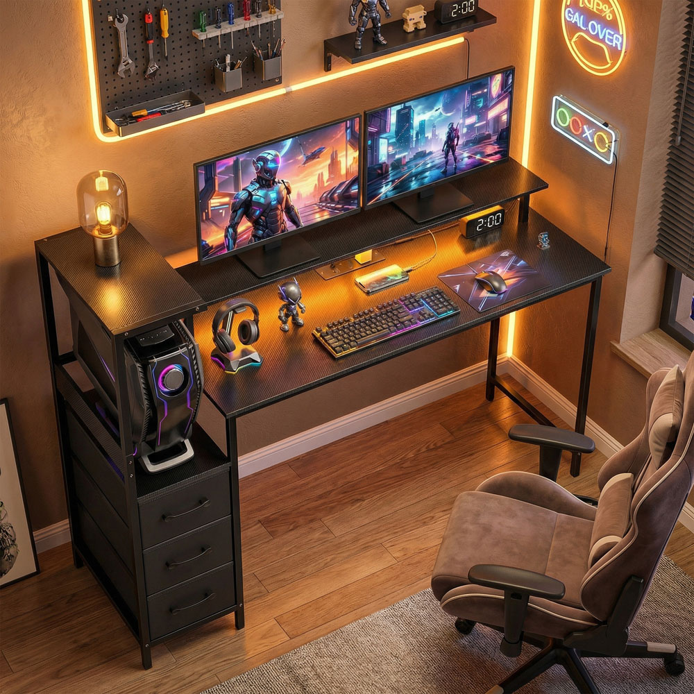Portland 3 Drawer Black Gaming Desk with Charging Station and RGB Light Image 3
