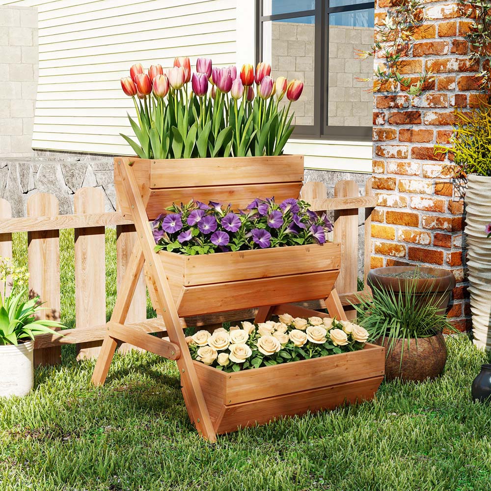 Outsunny 3-Tier Brown Wooden Raised Garden Bed Elevated Planter Box Image 3