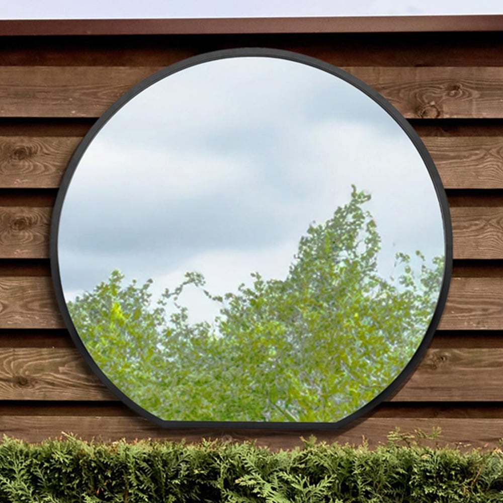 MirrorOutlet The Circulus Black Flat Bottom Circular Outdoor Garden Wall Mirror 105 x 100cm Image 2