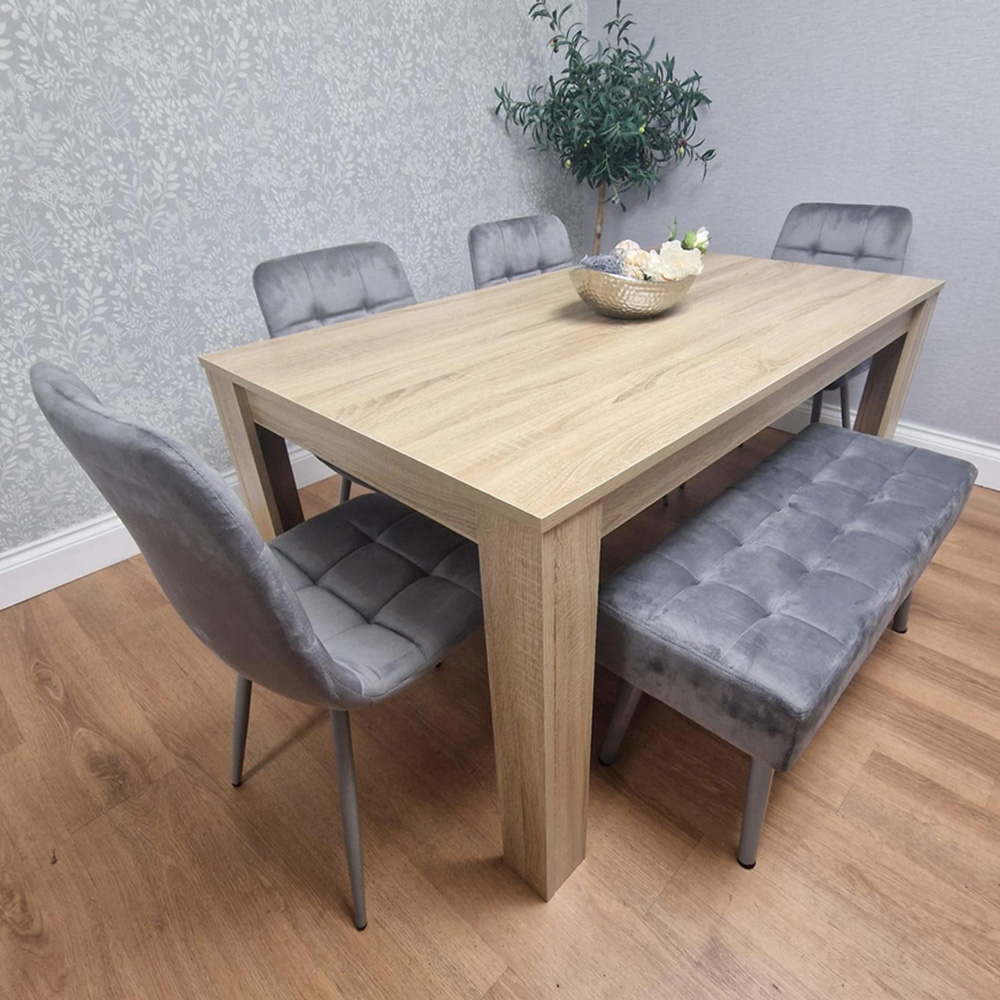 Kosy Koala 6 Seater Dining Set with Bench Oak Effect and Grey Velvet Image 1