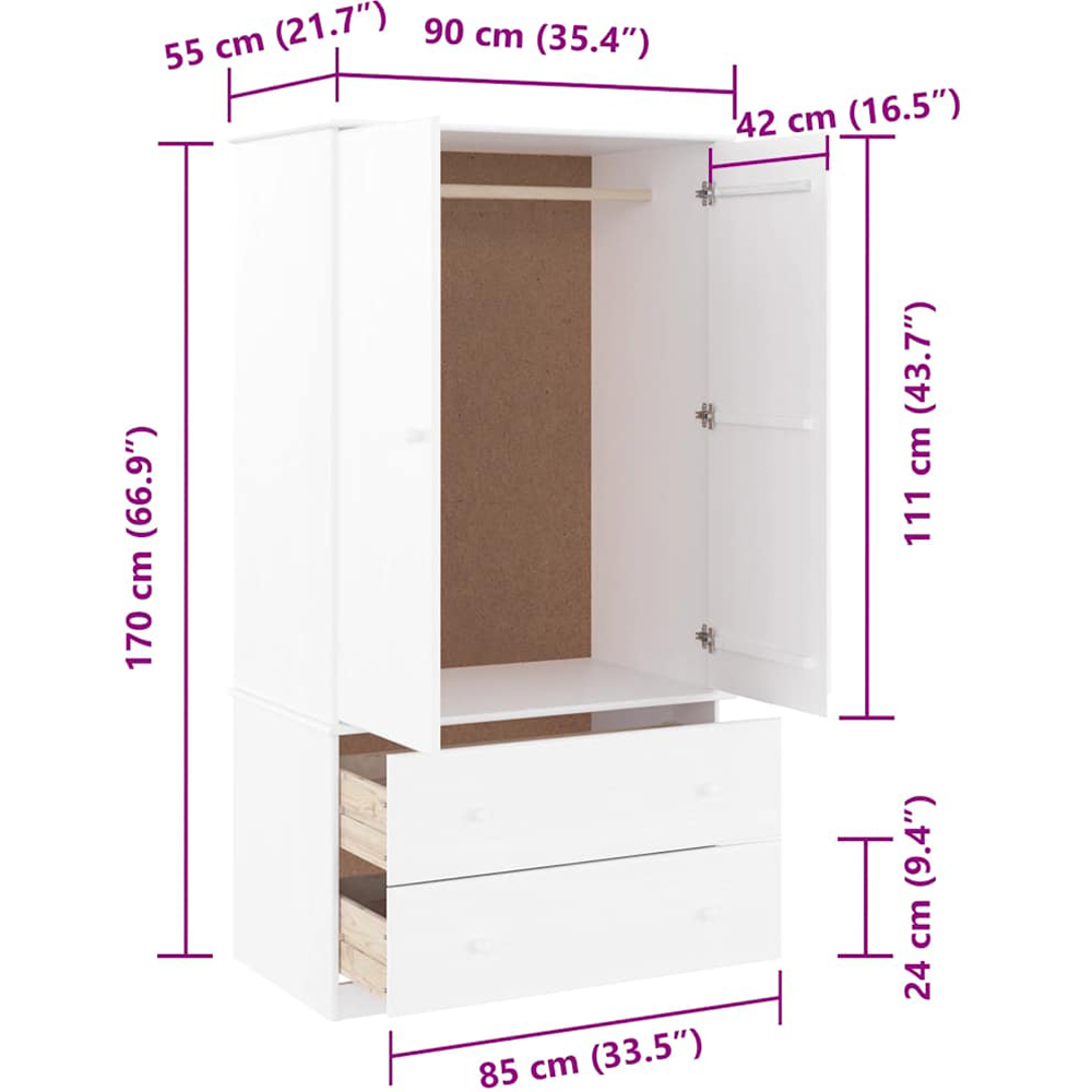 vidaXL Alta 2 Door 2 Drawer White Solid Wood Pine Wardrobe Image 6
