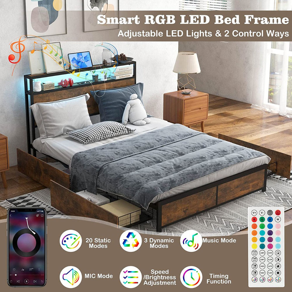Costway King Size RGB LED Light Metal Bed Frame with Charging Station Image 5