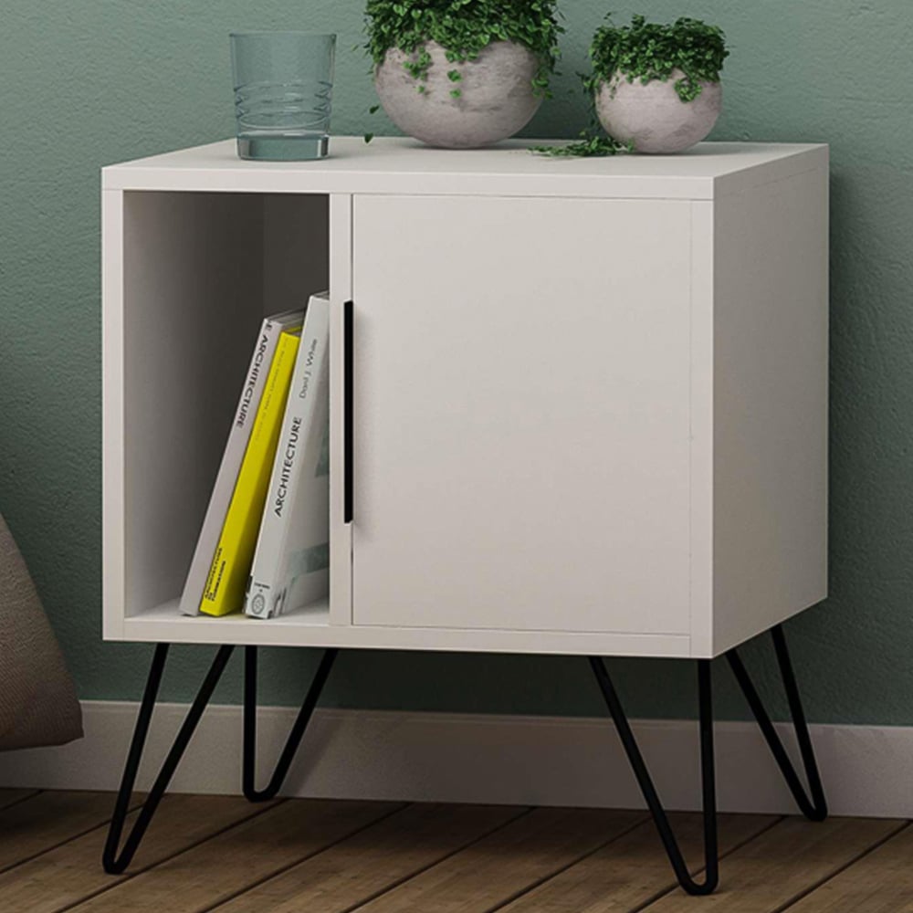Decortie Glynn Single Door Single Shelf White Modern Bedside Table Image 1