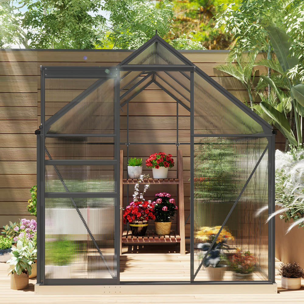 Outsunny 6.2 x 8.3ft Polycarbonate Dark Grey Walk-in Garden Greenhouse with Sliding Door Image 3