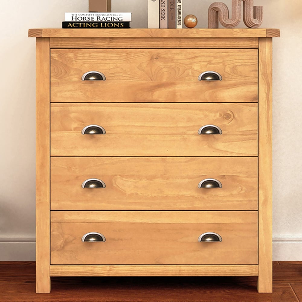 Lugo 4 Drawer Antique Wax Finish Chest of Drawers with Brass Cup Handles Image 1