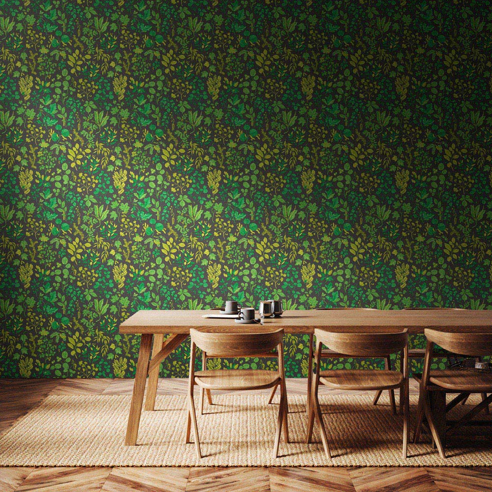 Hoopla Walls Oasis Botanical Leaves Charcoal and Emerald Wallpaper Image 2