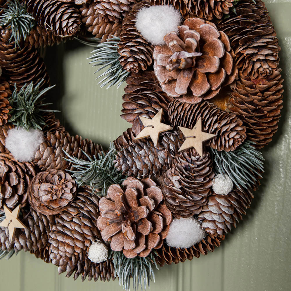Samuel Alexander Frosted Wreath with Pine Cones and Wooden Stars 30cm Image 4