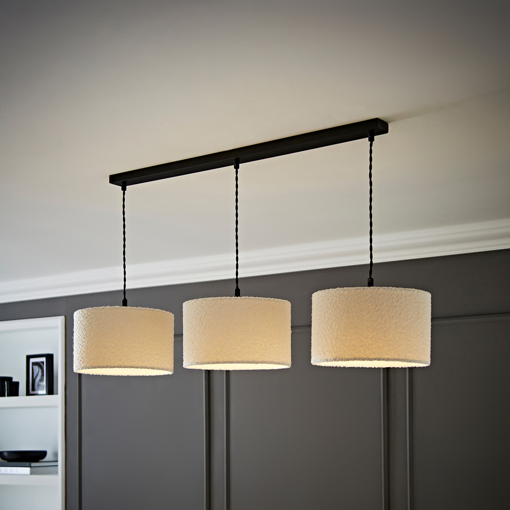 ValueLights Reni Cream Boucle Drum Shade 3 Drop Bar Black Diner LED Ceiling Light Image 2