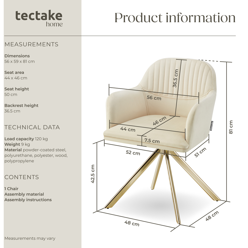 tectake Lona Cream and Gold Velvet Fabric Swivel Accent Chair Image 9