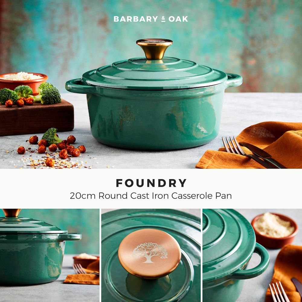 Barbary & Oak 20cm Green Cast Iron Round Non-Stick Casserole Pan with Lid Image 2