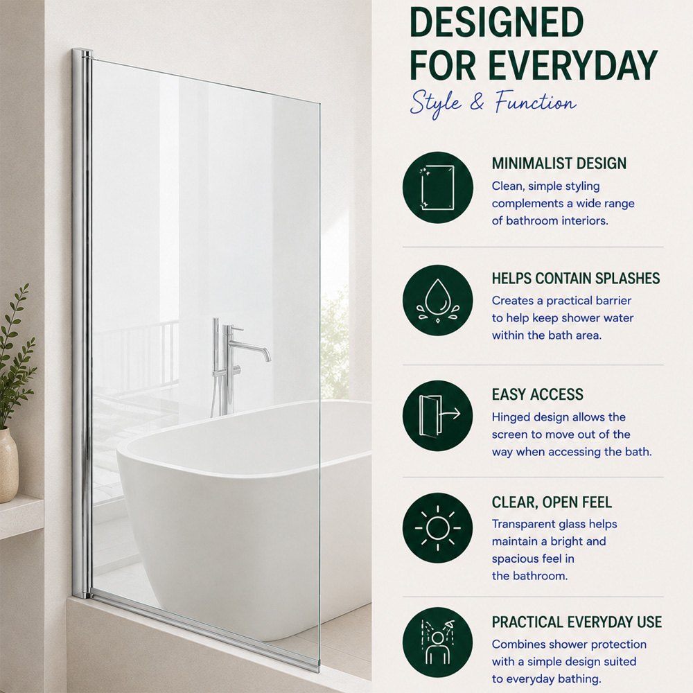 Go Bathrooms Jude Chrome Single Pivot Bath Shower Screen 600mm Image 5