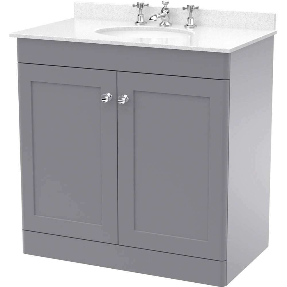 nuie Classique 2 Door Satin Grey and White Floor Standing Unit and 3 Tap Hole Marble Basin 800mm Image 1