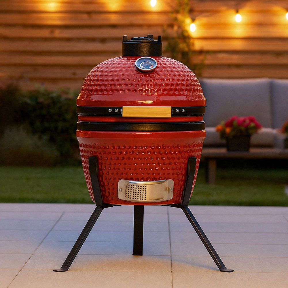 Neo Kamado Red Portable Ceramic 13 inch Mini BBQ Grill Smoker with Stand Image 3