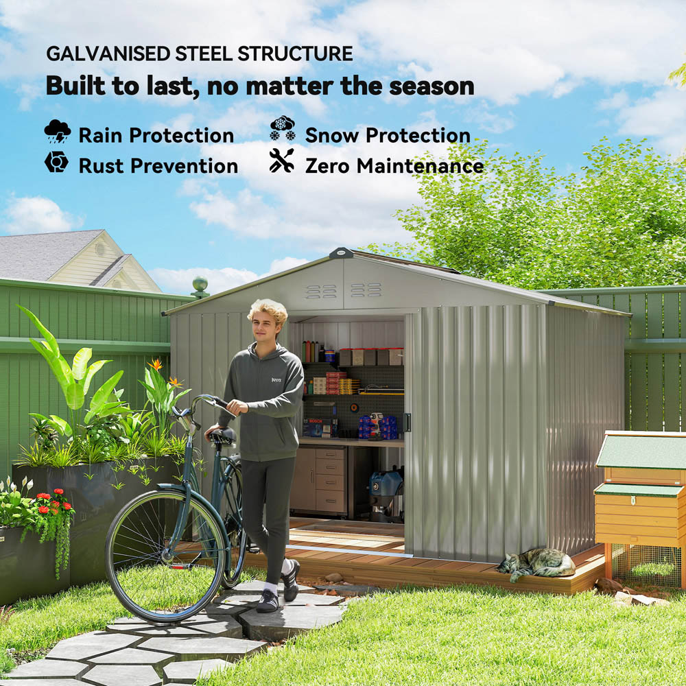 Outsunny 9 x 6ft Grey Galvanised Garden Storage Shed with Sliding Door Image 5