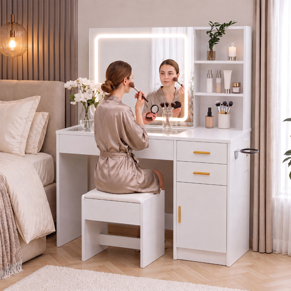 VIDA DESIGNS Clova Single Door 3 Drawer 2 Shelf White LED Dressing Table Set with Power Outlet Image 3