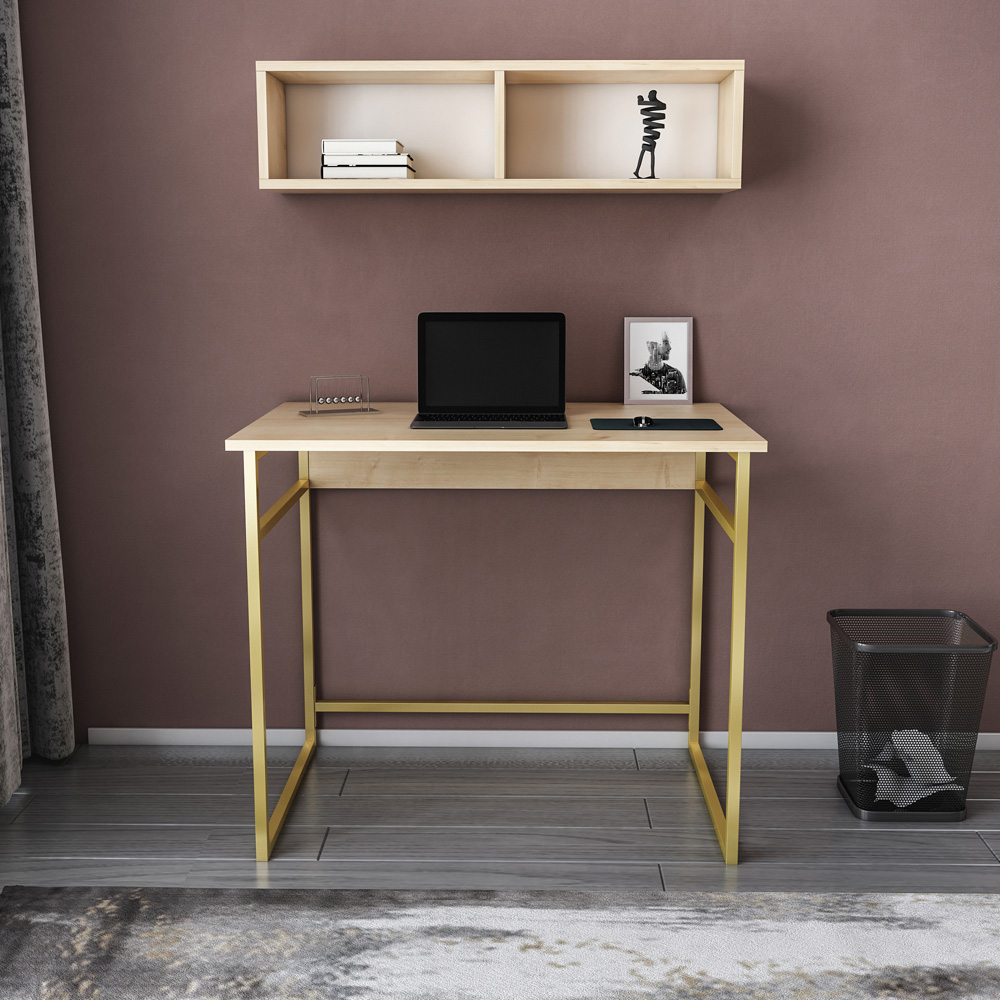 Decorotika Hussum Computer Desk with 2 Section Wall Shelf Gold and Oak Image 5