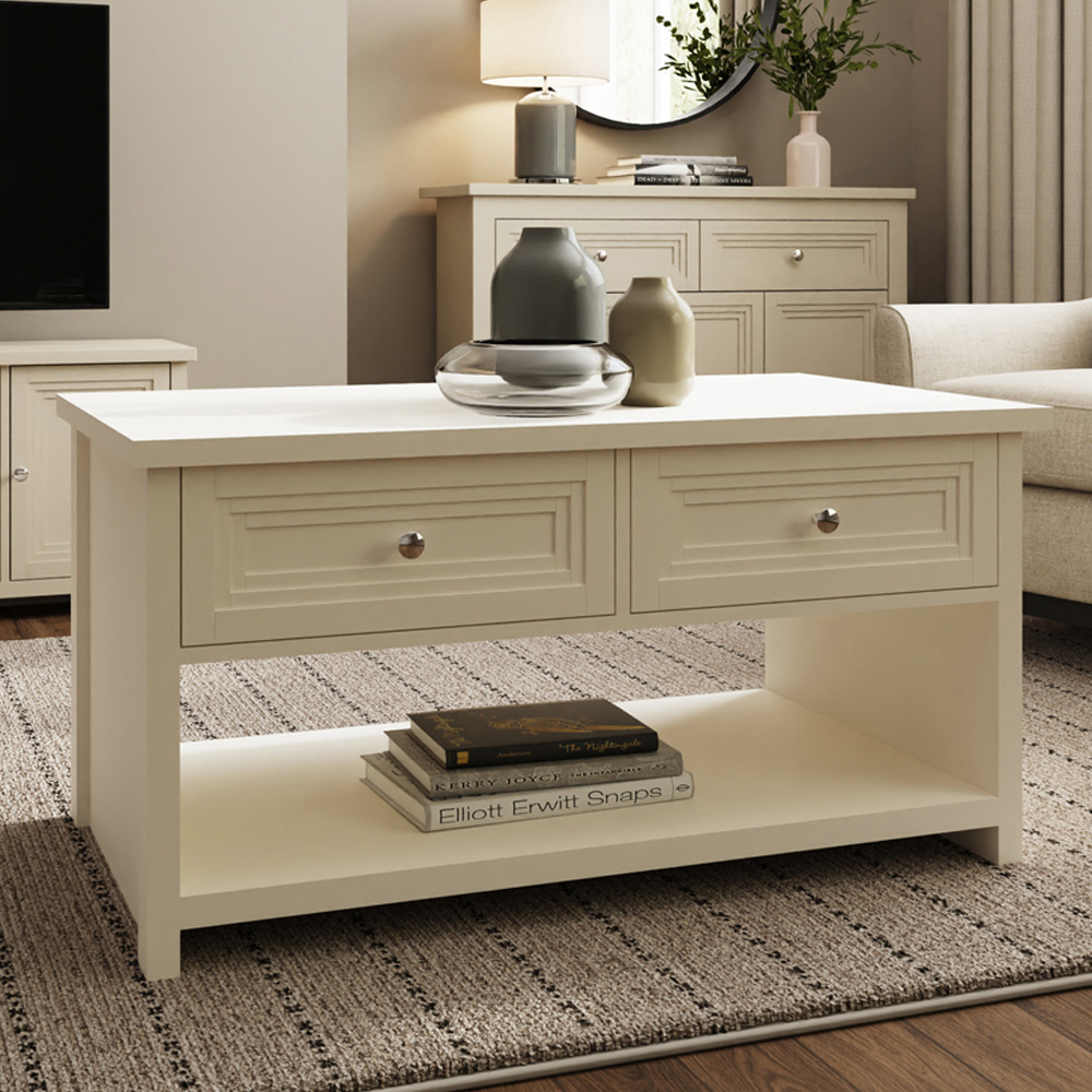 GFW Oakley 2 Drawer Single Shelf Limestone Coffee Table Image 1