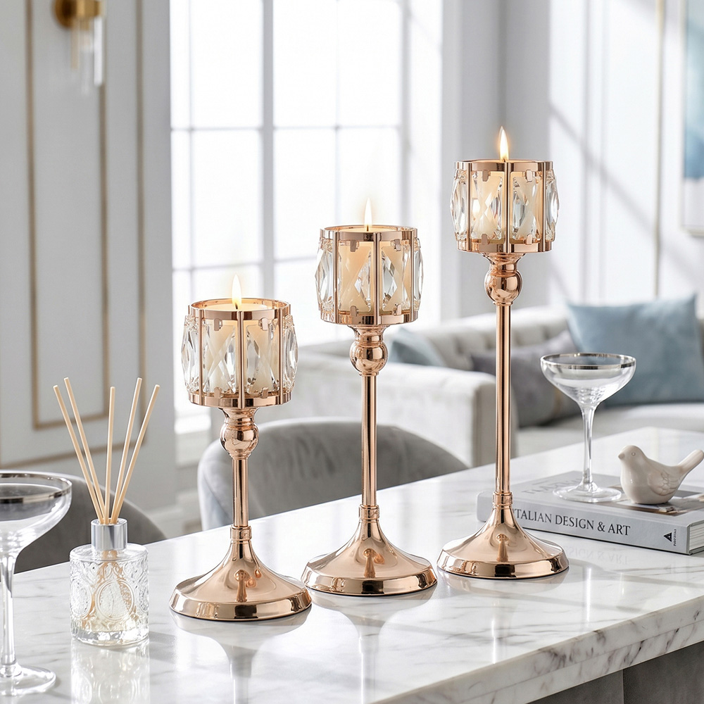 Living and Home Gold Crystal Panel Tiered Candle Holder Set of 3 Image 2