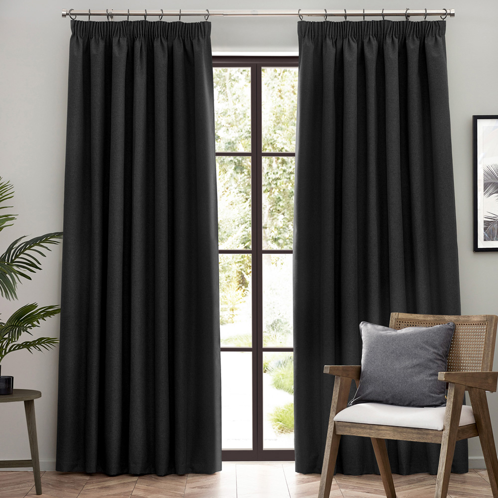 furn. Dawn Black Blackout Pencil Pleat Curtains 117 x 137cm Image 1