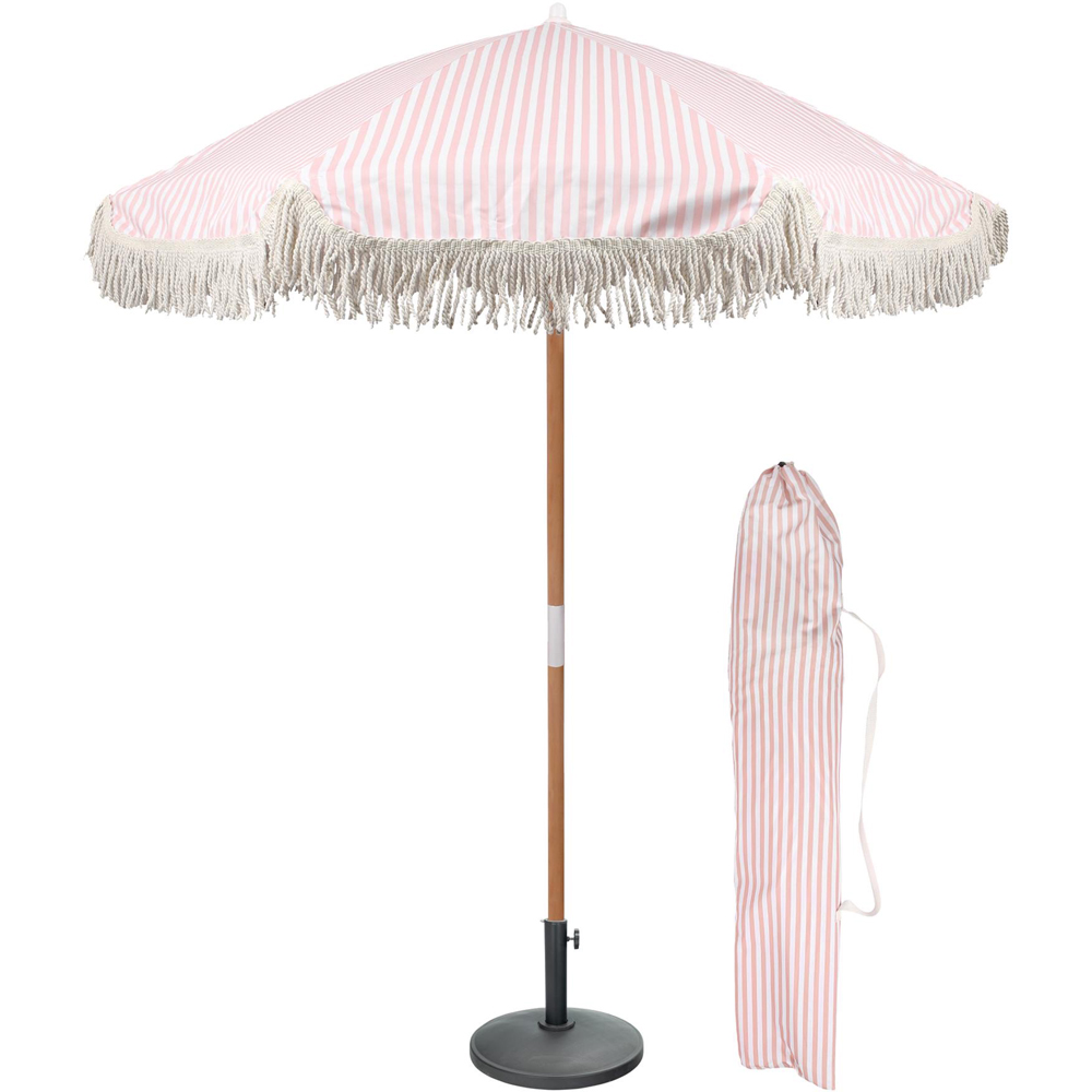Harbour Housewares Pastel Pink Stripe Tassel Fringed Wooden Garden Parasol and Base Set 1.4m Image 3