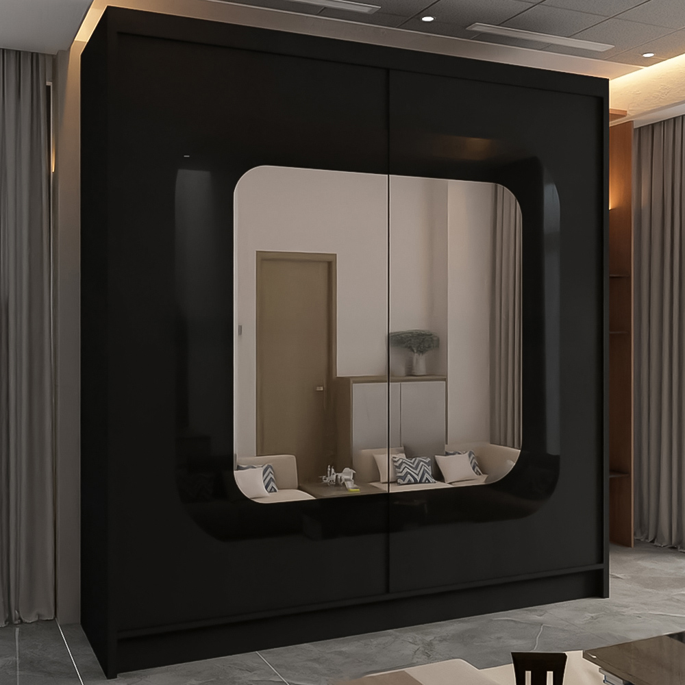 M N Furniture Cheen 2 Door Black Strip Mirrored Sliding Wardrobe 203cm Image 1