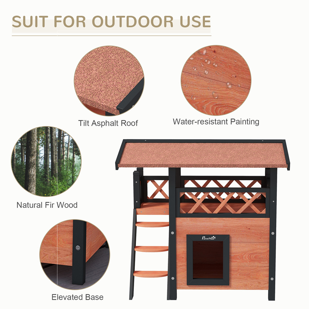 PawHut Brown Outdoor Cat House with Balcony Stairs Roof Image 5