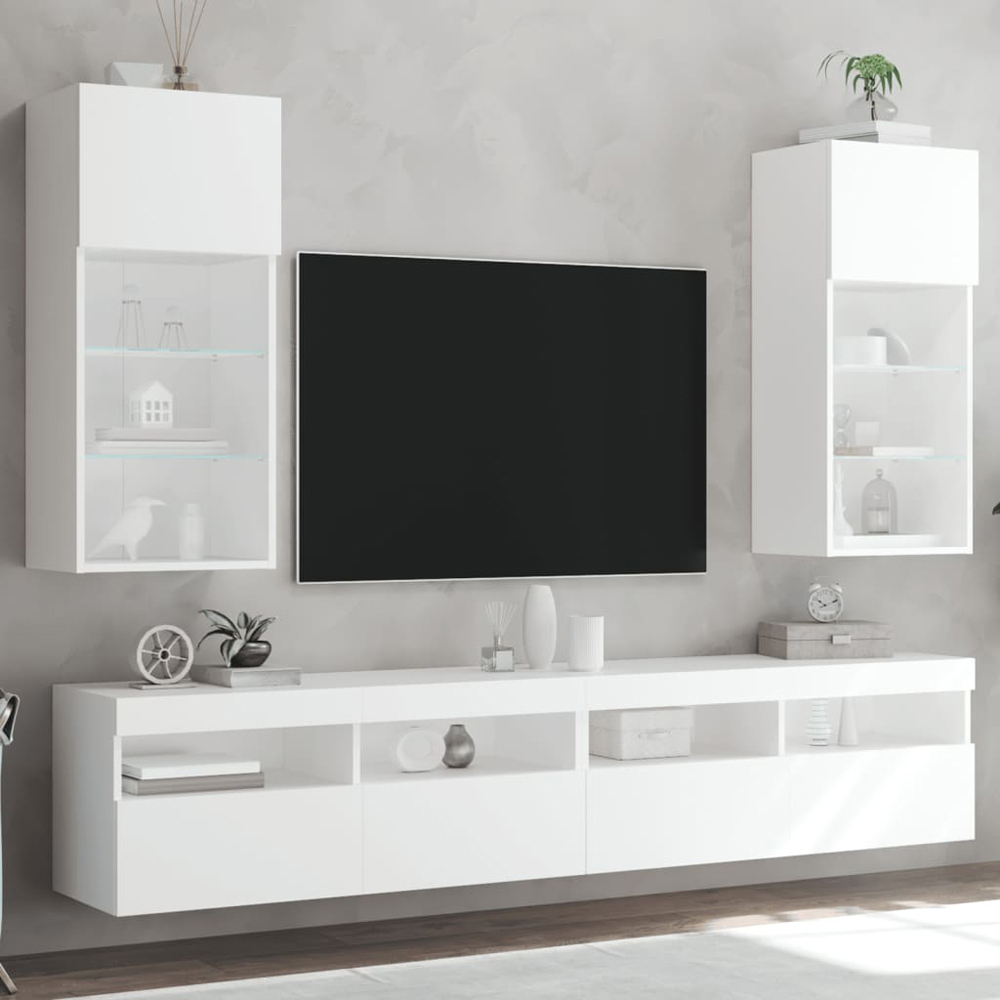 vidaXL Single Door 3 Shelf White Wooden TV Cabinet with LED Set of 2 Image 1