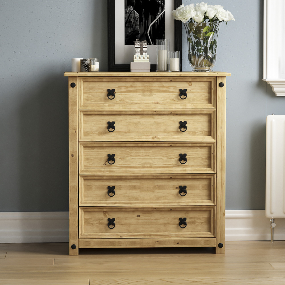 Vida Designs Corona 5 Drawer Rustic Pine Chest of Drawers Image 7