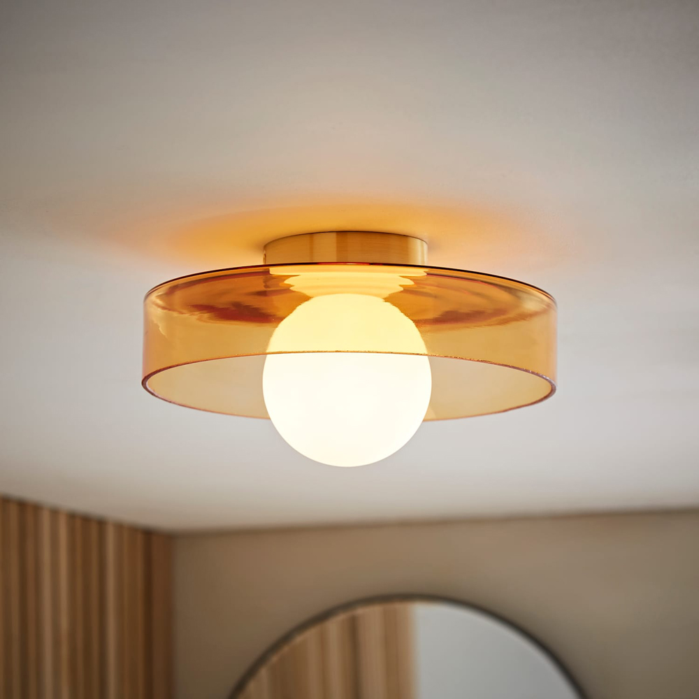 ValueLights Newbury Amber Glass Shade Flush Ceiling Light with Bulb Image 2