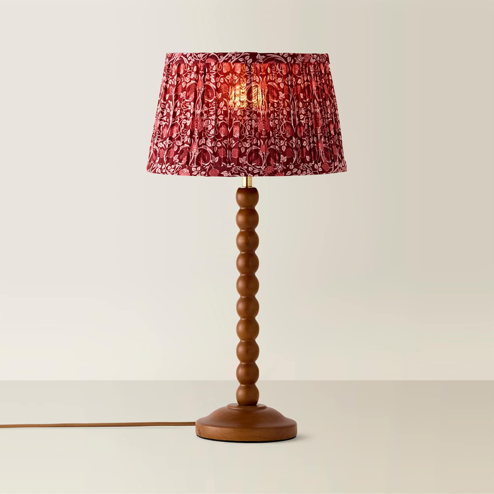 ValueLights Bobble Burgundy Pleated Shade Walnut Wooden Table Lamp with Bulb Image 3