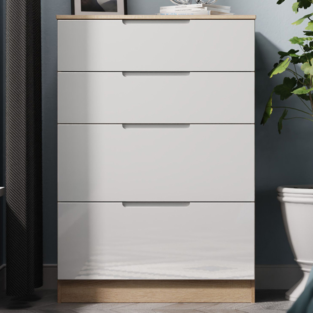 Crowndale Milan 4 Drawer White Gloss and Bardolino Oak Deep Chest of Drawers Ready Assembled Image 1