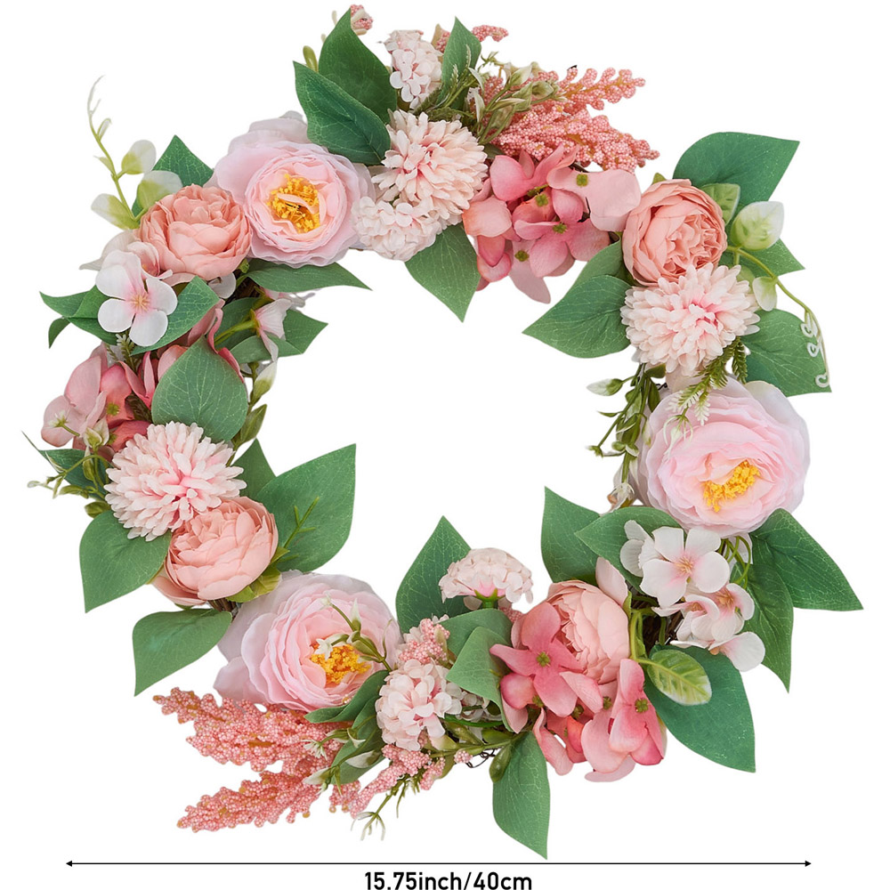 Living and Home Artificial Pink Ranunculus and Camellia Door Wreath 40cm Image 8