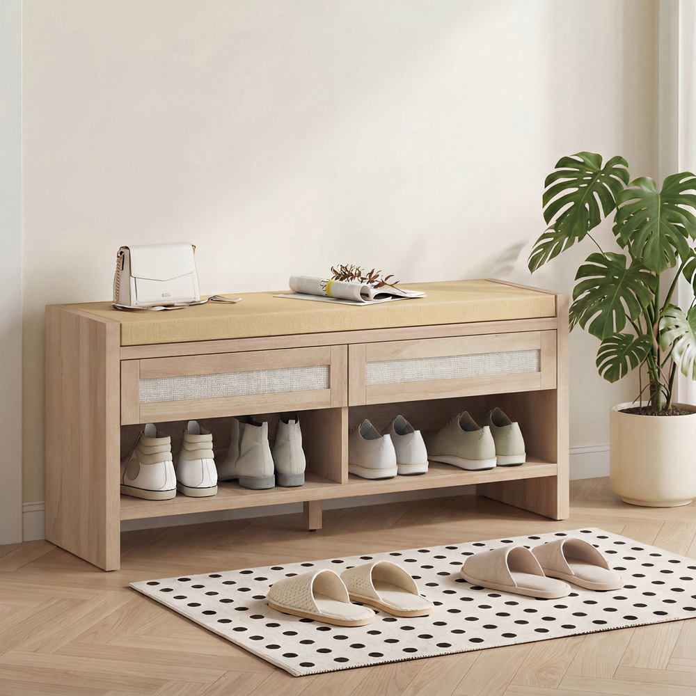 HOMCOM 2 Rattan Drawer Oak Wood Effect Shoe Bench Image 2