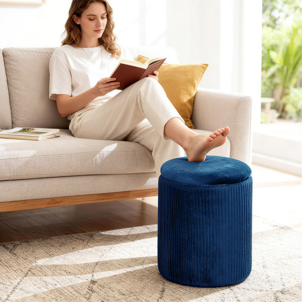 Portland Blue Round Storage Ottoman with Removable Top Image 4