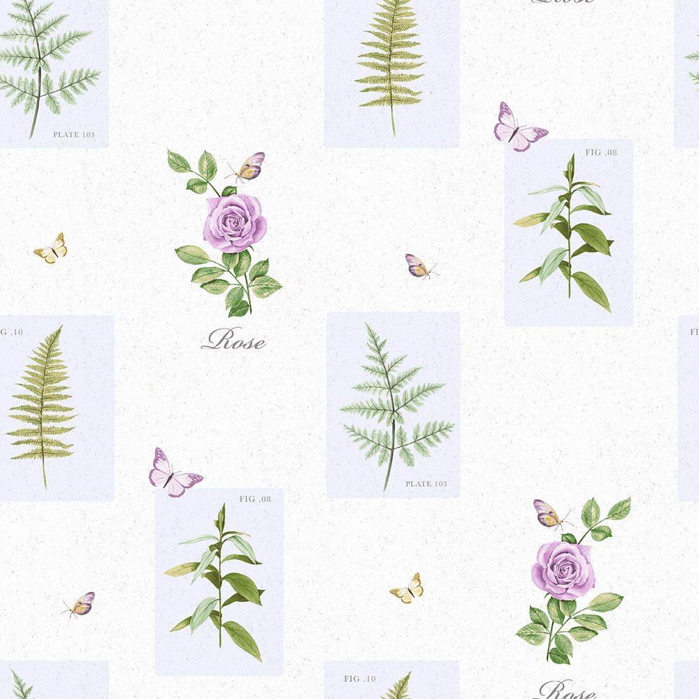 Galerie Country Cottage Roses and Leaves Green and Purple Wallpaper Image 1