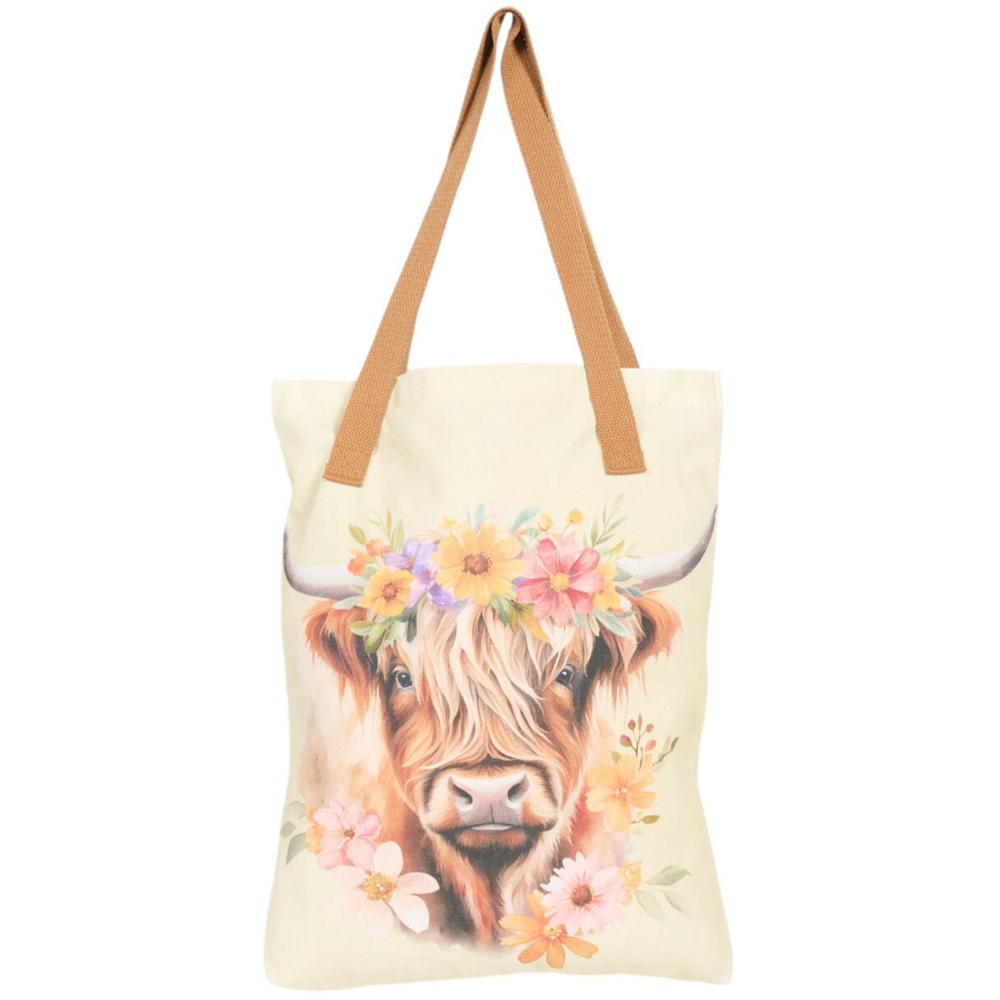 Floral Highland Cow Tote Bag Cream Image 3