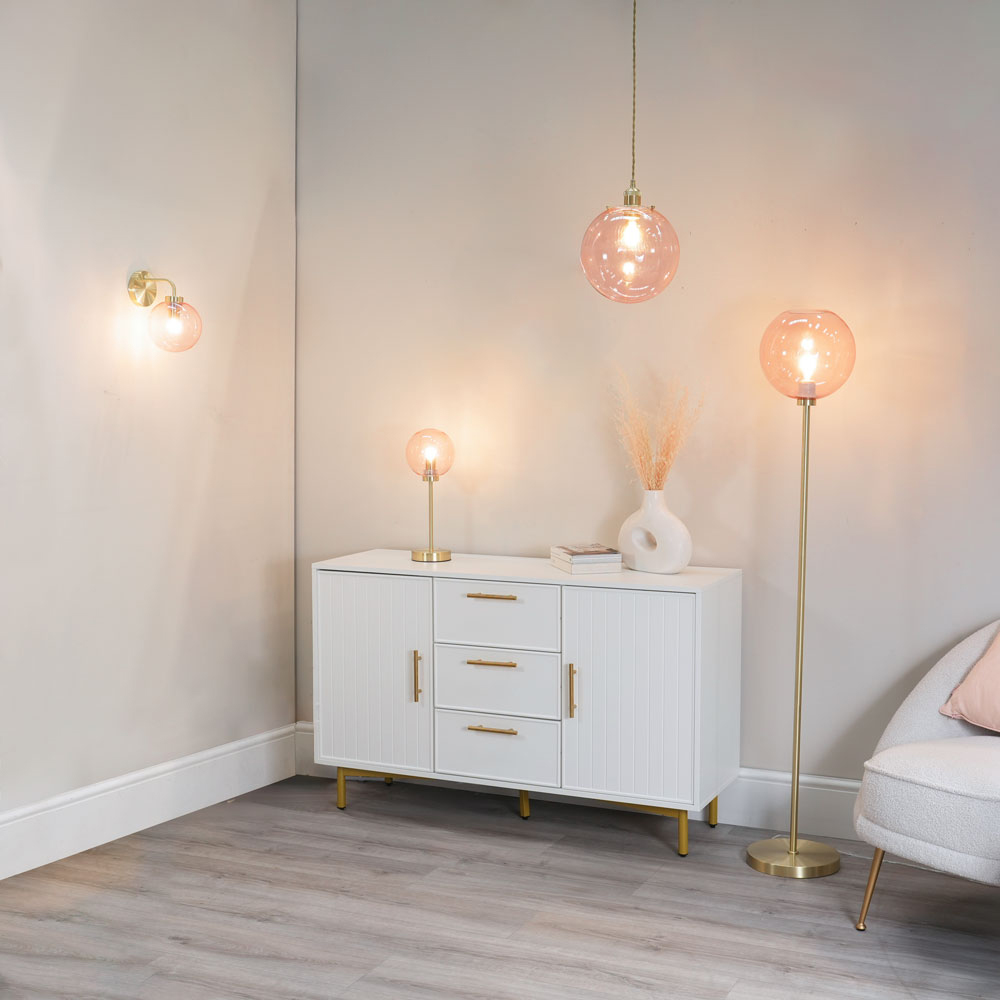 ValueLights Frenchie Pink Tinted Globe Gold Stem LED Floor Lamp Image 6