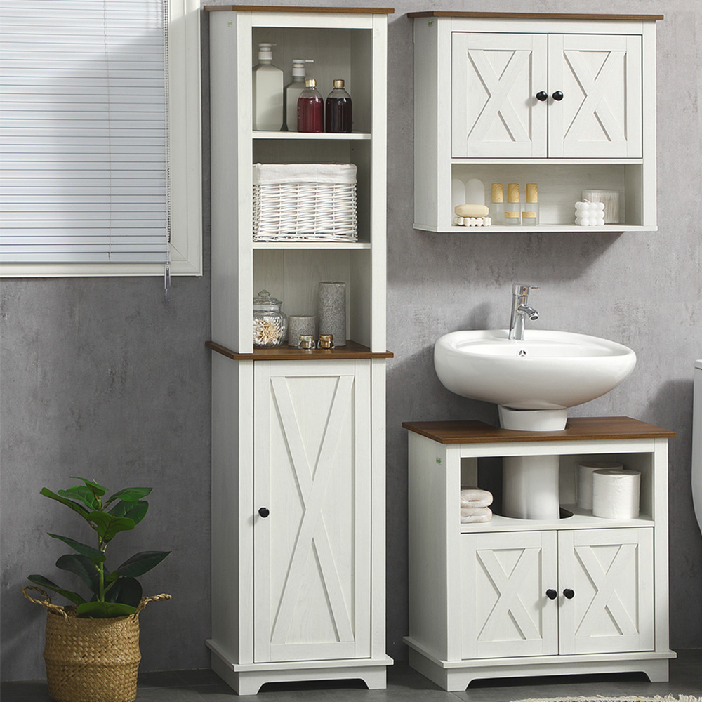 Kleankin Single Door 3 Shelf White Tall Bathroom Floor Cabinet Image 1