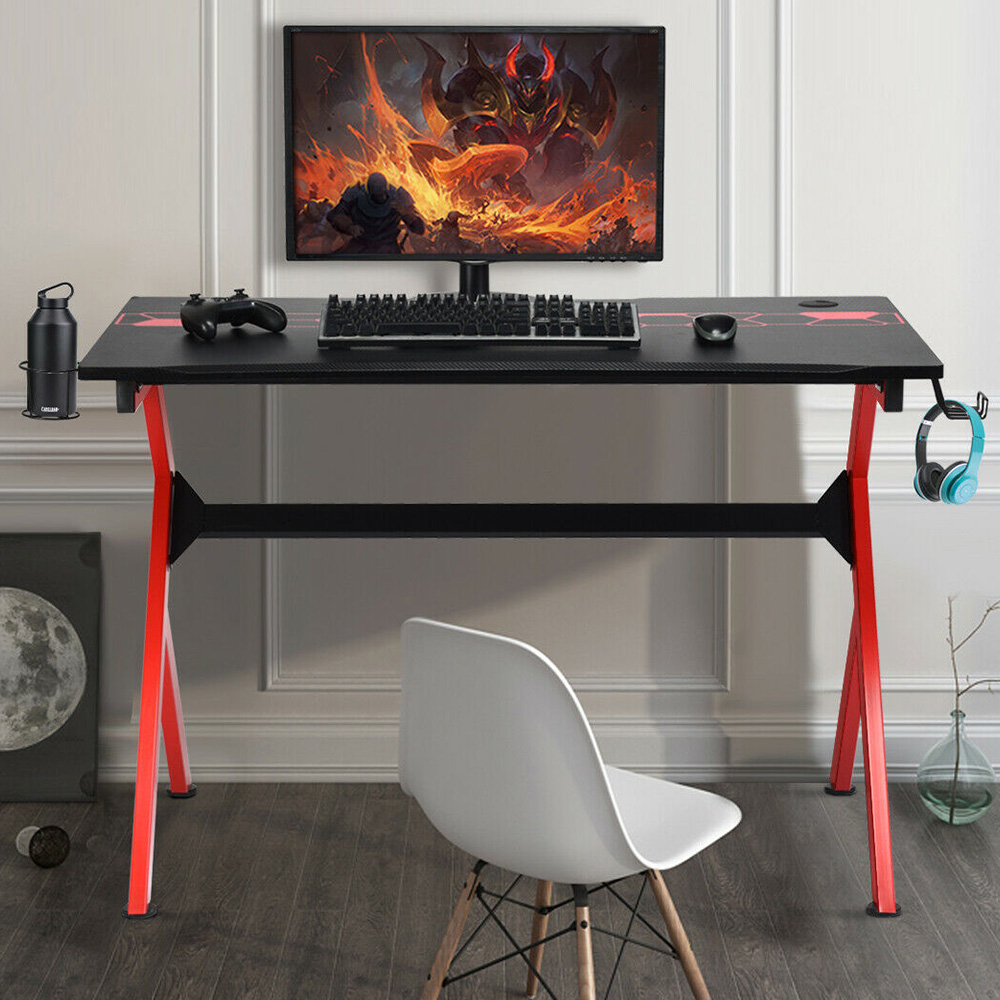 Costway Black and Red Gaming Computer Desk with Headphones Holder Image 1
