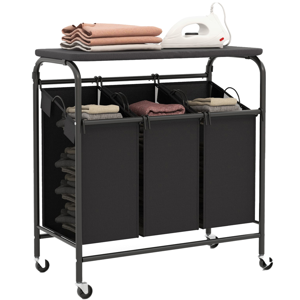 Costway Triple Rolling Grey Heavy Duty Laundry Sorter with Foldable Ironing Board Image 1
