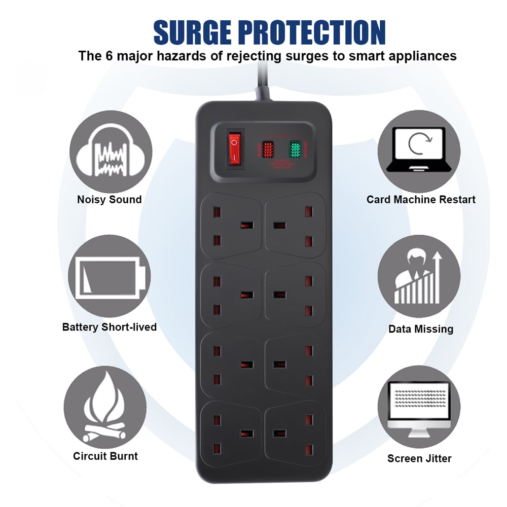 ExtraStar 8 Gang 13A Black Switched Surge-Protected Extension Lead 2m Image 3