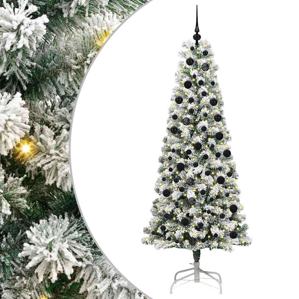 vidaXL Pre-Lit Warm White LED and Black Baubles Snow Flocked Artificial Christmas Tree 7ft Image 2