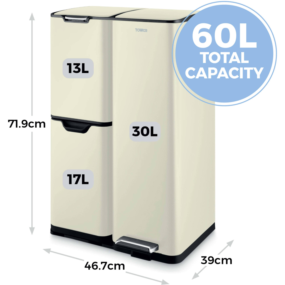 Tower Cream Carbon Steel Triple Recycling Pedal Bin 60L Image 8